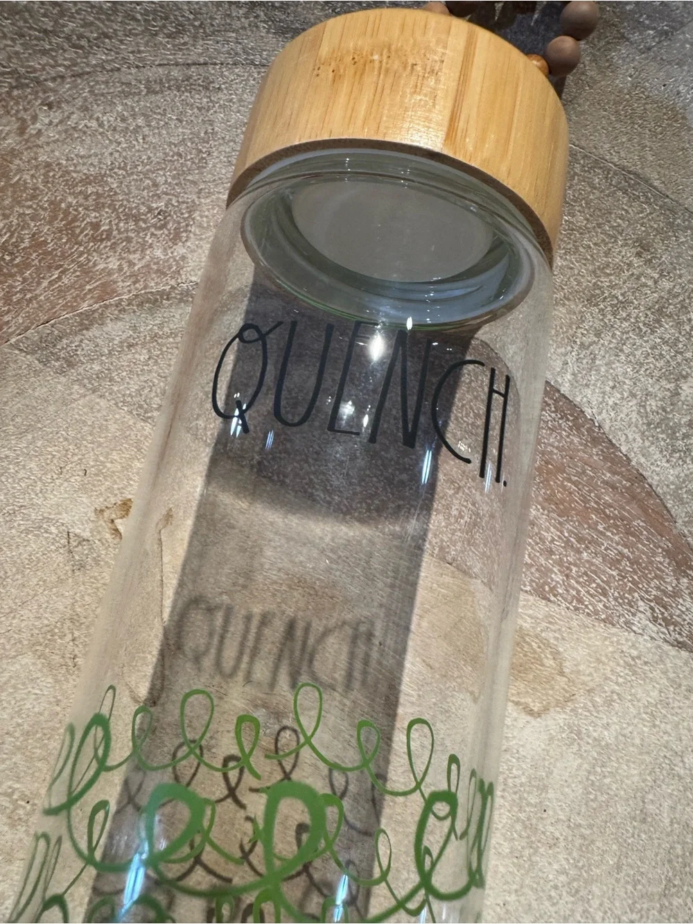 Rae Dunn Clear Glass Bottle with Green Script Detail and Bamboo Lid